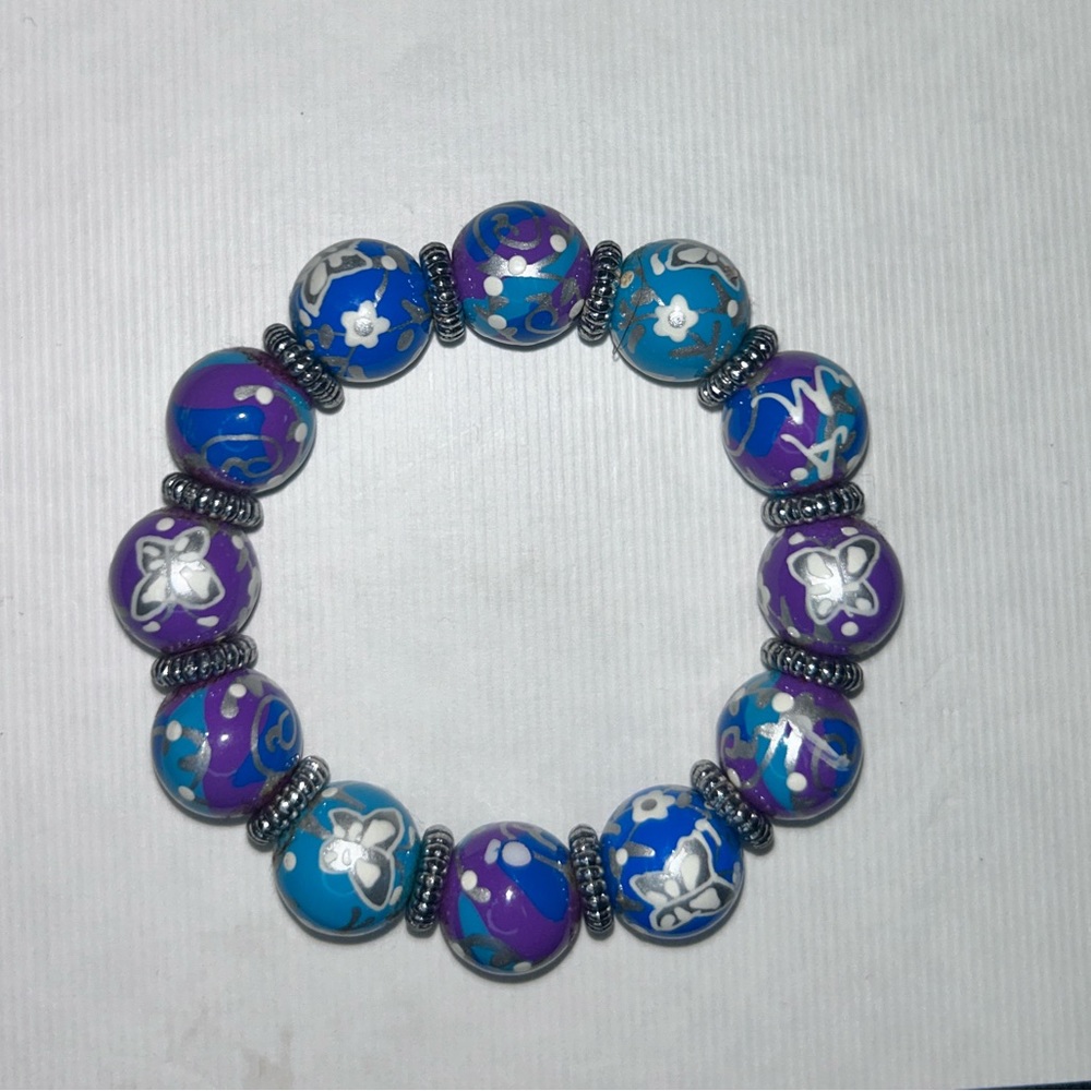 Angela Moore blue and purple bracelet with silver clasps. Hand-painted, like new